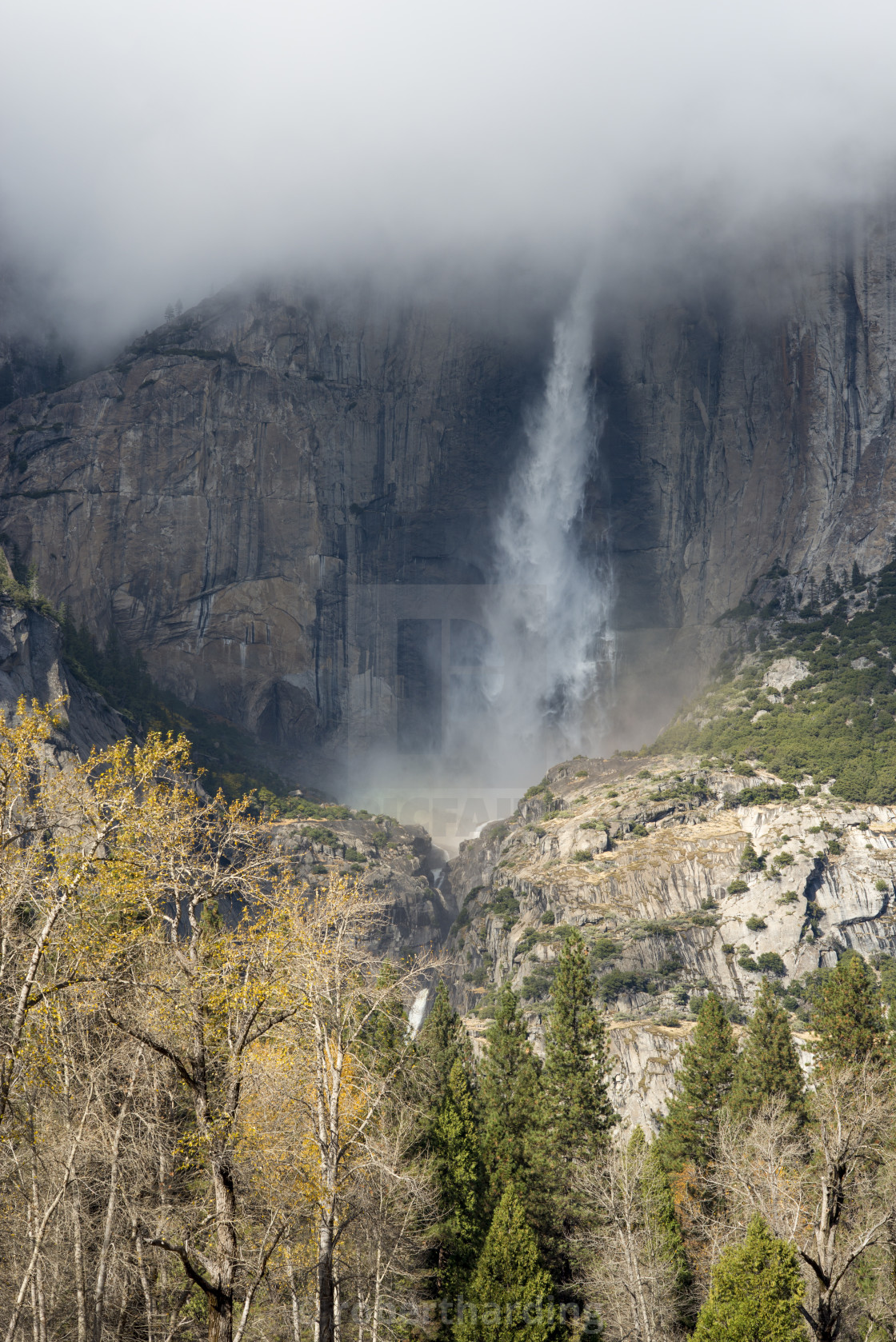 Waterfall Emerging From Clouds From El Capitan In Yosemite