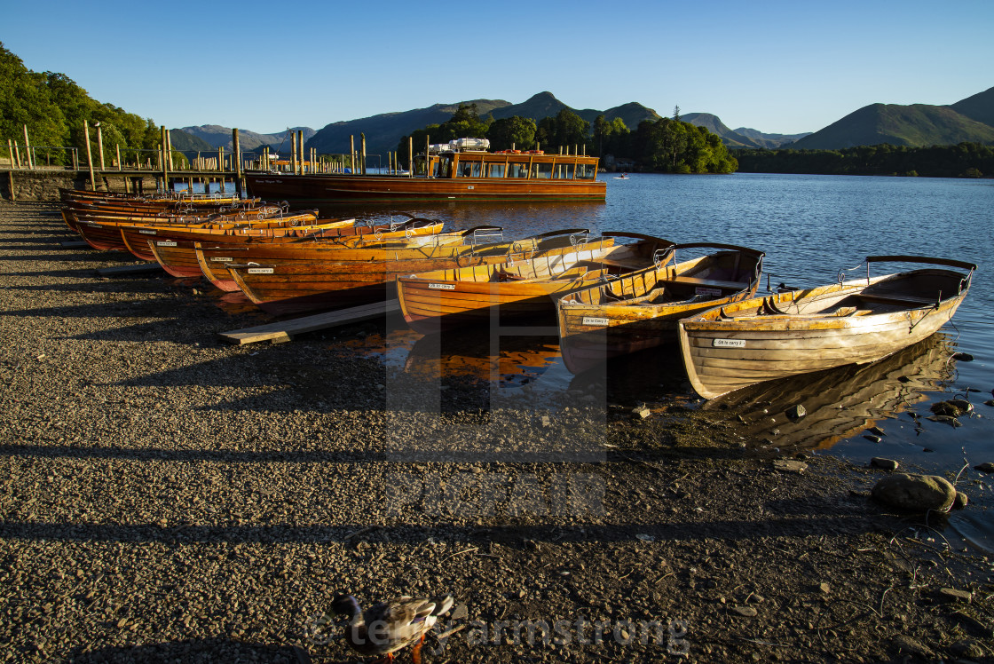 "rowing boats at sunset on derwent water" stock image