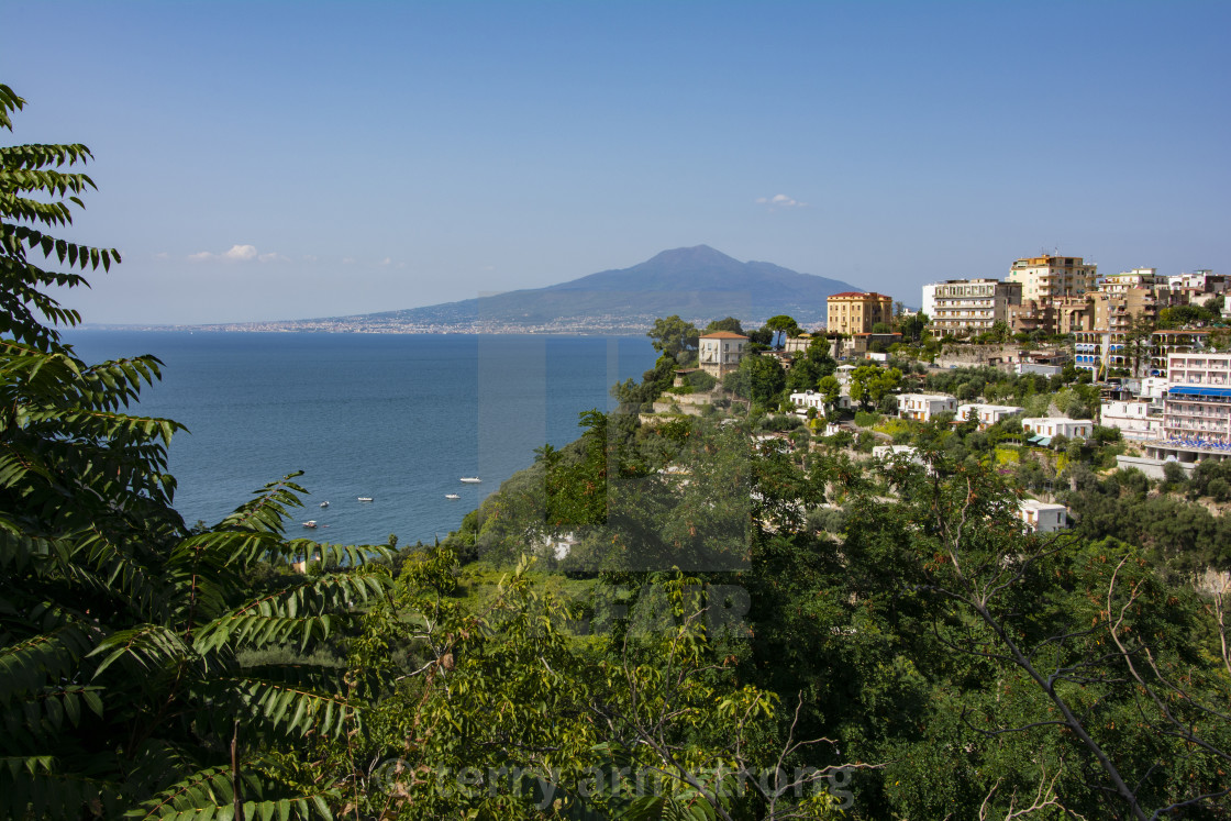 "view of mount vesuvius from vico equense in the hills above sorrento" stock image