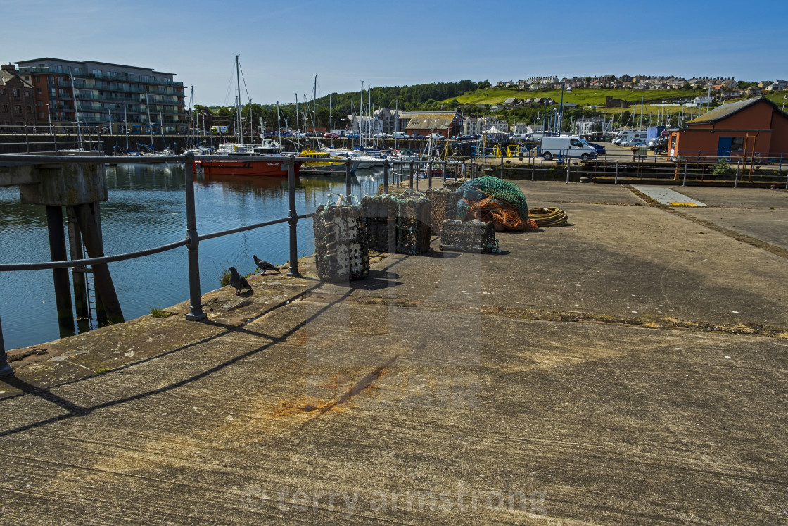 "lobster pots on whitehaven harbour" stock image