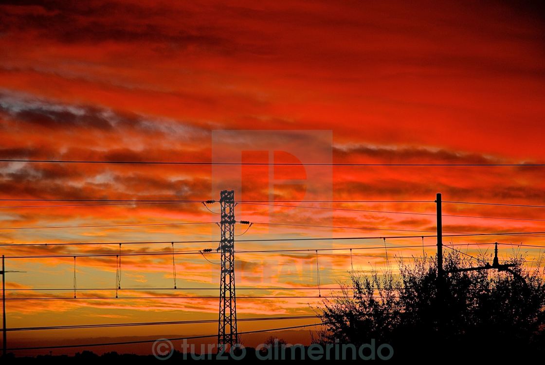 "Sunset with electric cables" by turzo almerindo - $7.65 "Sunset with electric cables" stock image