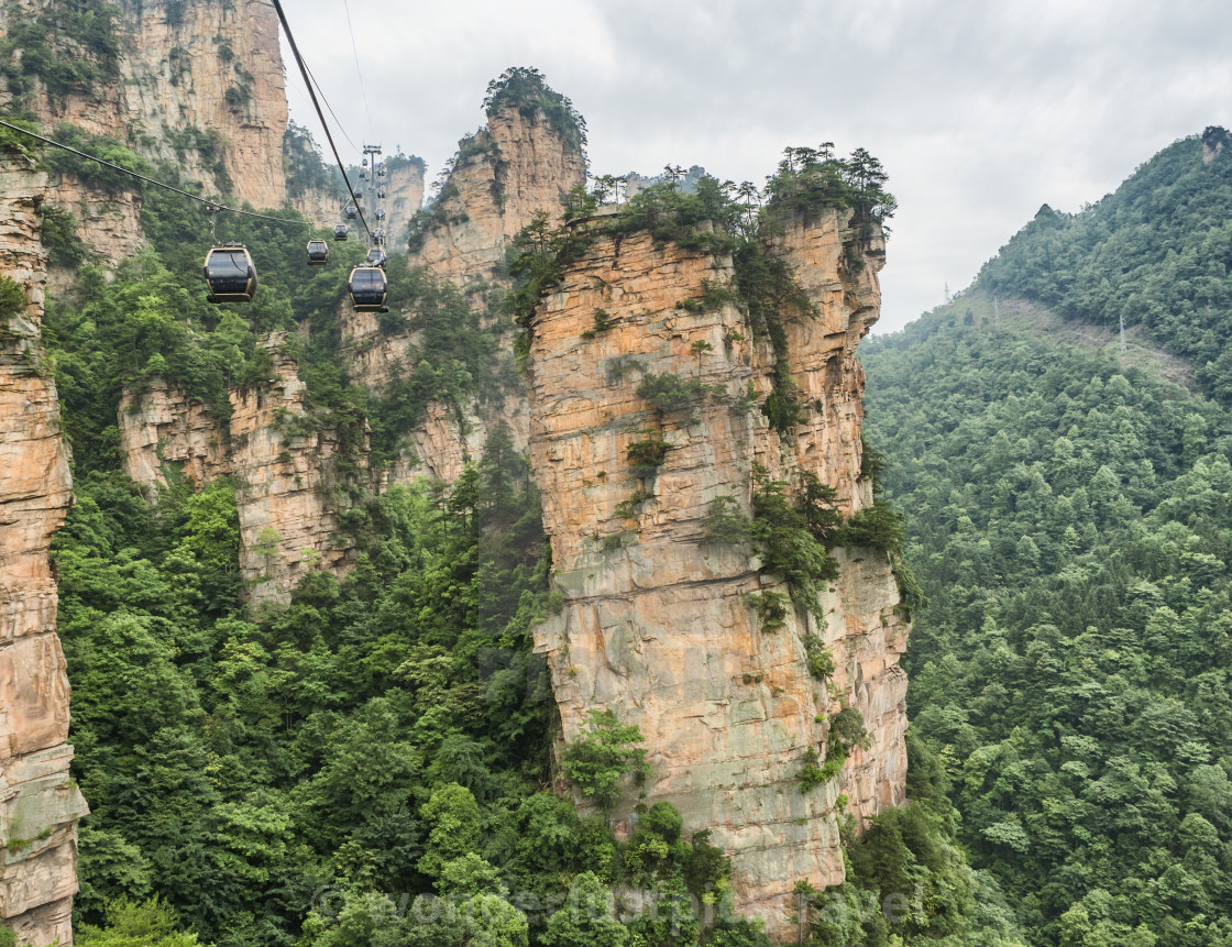 Cable Car Within The Tianzi Mountain Column Karst At Wulingyuan
