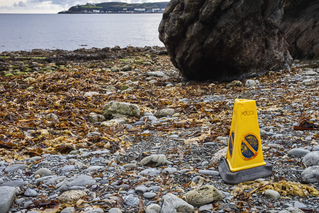 "Plastic no waiting cone on beach in Douglas, Isle of Man" stock image