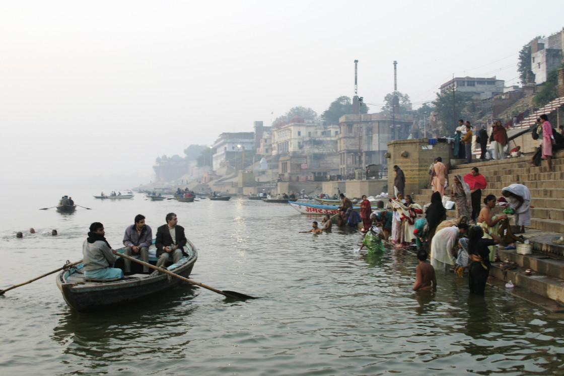 "Boat on the Ganges, Sunset, Varanasi, India" stock image