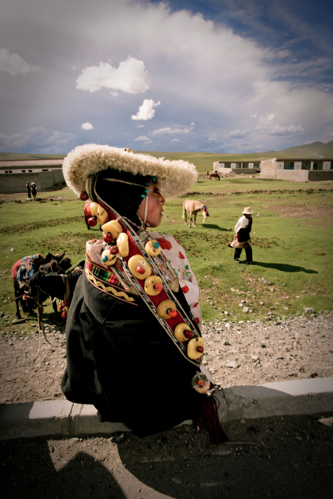 "Khampa woman in traditional clothing, Nangchen, Tibet" stock image