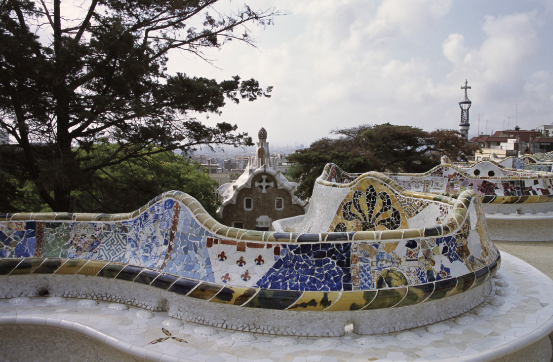 "Mosaic Bench at Parc Gruell, Barcelona, Spain-66800" stock image