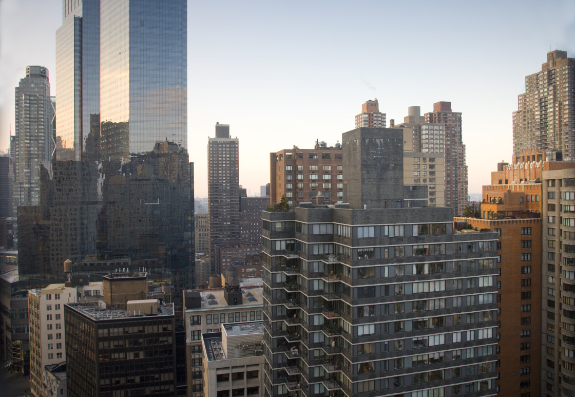 "New York skyscrapers, sunrise" stock image