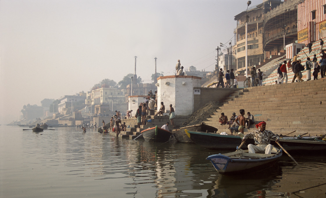 "Boats by the ghats on the Ganges, Varanasi, India" stock image