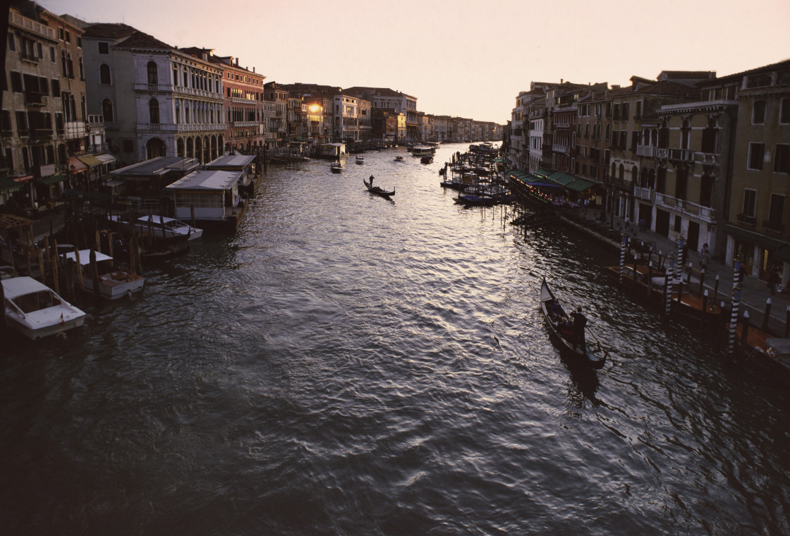 "Gondolas on Canal at Sunset, Venice, Italy" stock image