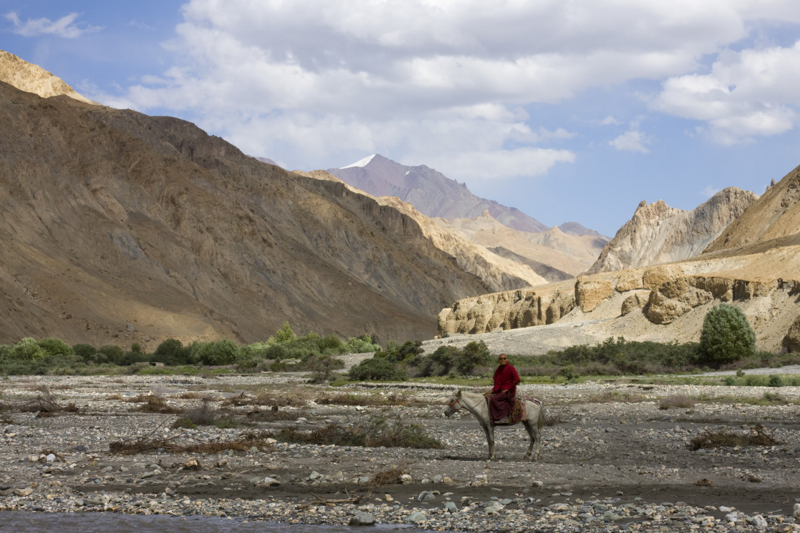 "Monk on horseback, Zangskar" stock image