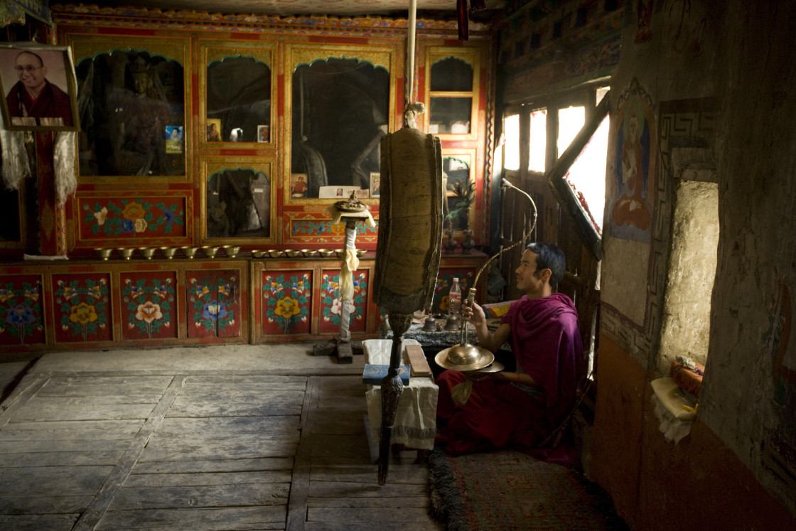 "Monk practicing in Monastery in Ladakh, India" stock image