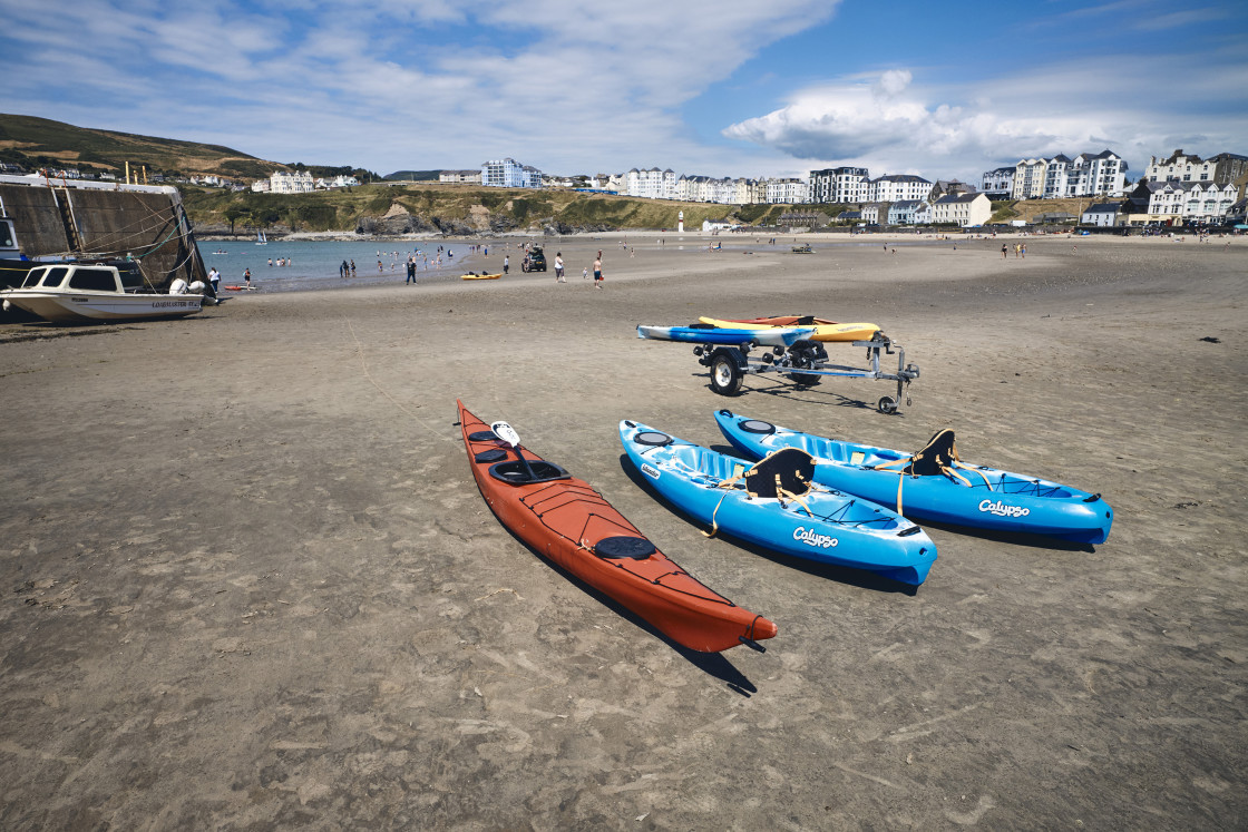 "Kayaks on Port Erin beach" stock image