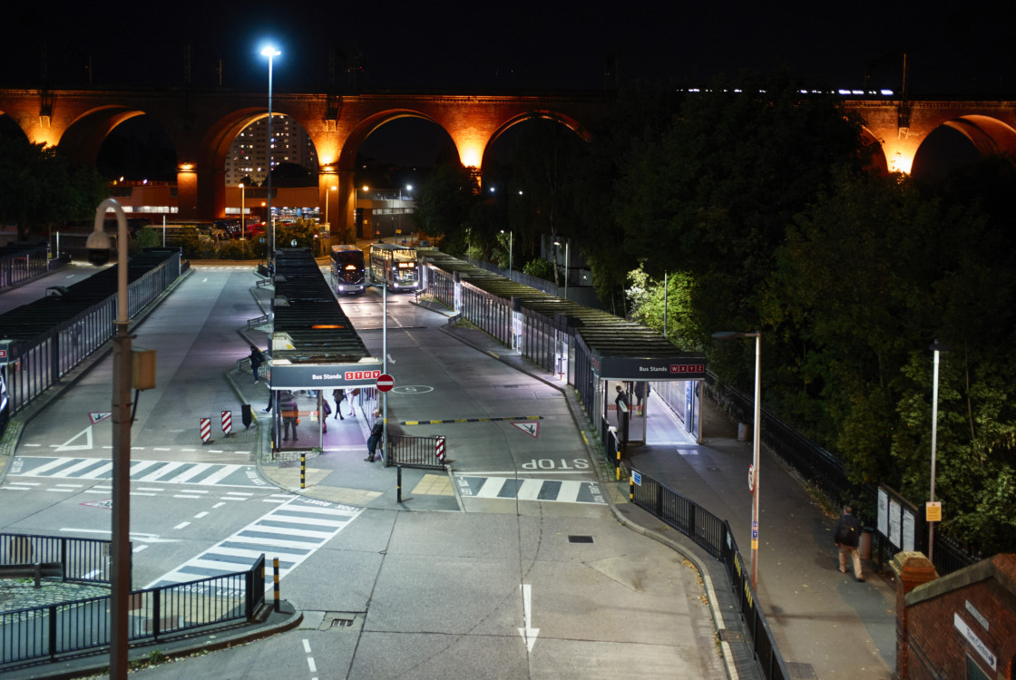 "Stockport bus station at night" stock image