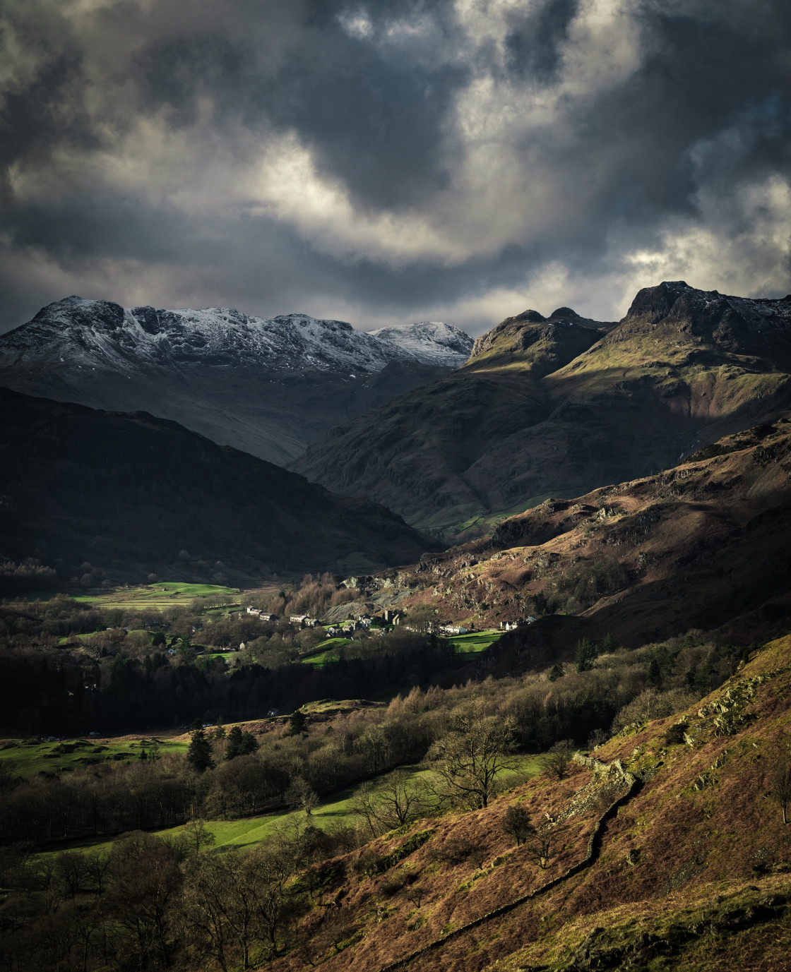 "View of the Langdale Pikes from Loughrigg Fell" stock image