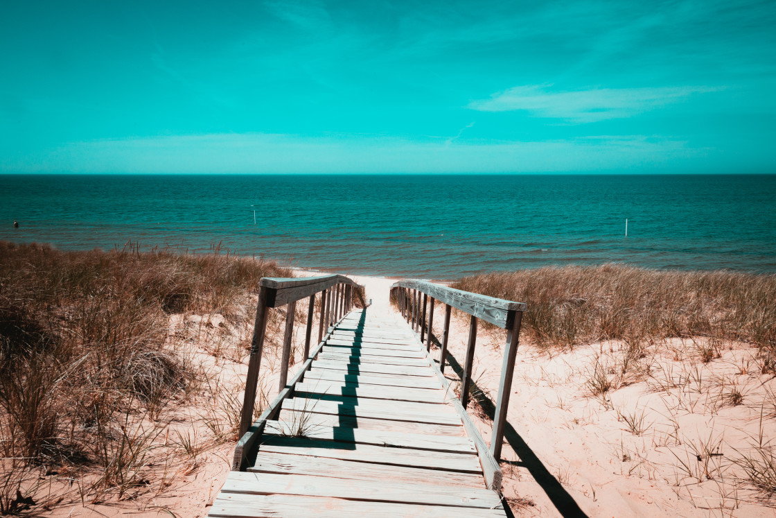 "Looking over the dunes towards Lake Michigan from Saugatuck Beach, MI" stock image