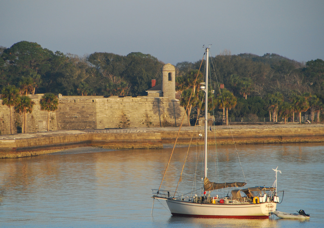 "Sailboat anchored by Castillo De San Marcos St Augustine" stock image