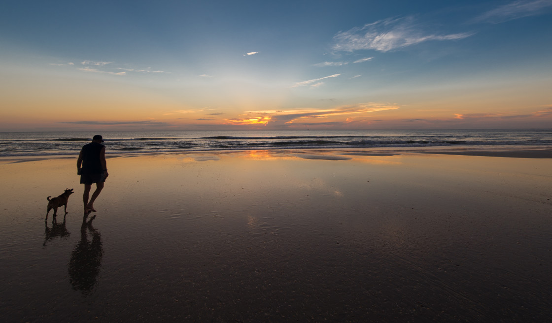 "Sunrise at the beach with dog and man" stock image