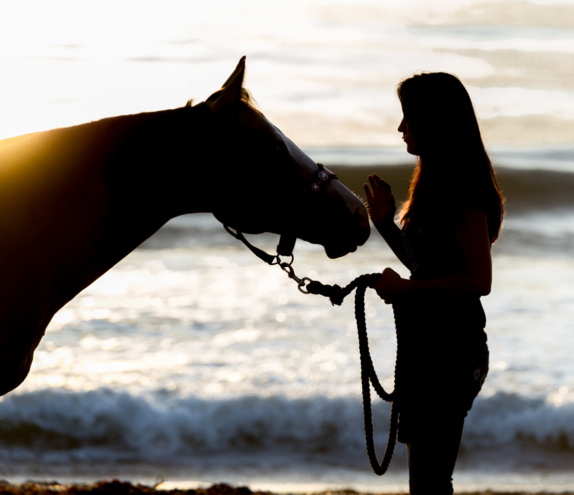 "Woman and horse at the beach" stock image