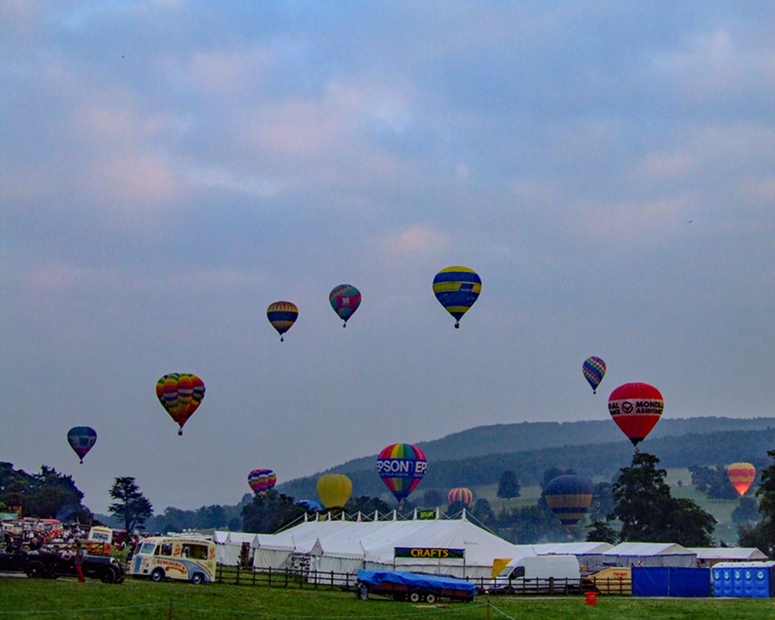 "12 Hot Air Balloons mass ascent at Game Fair" stock image