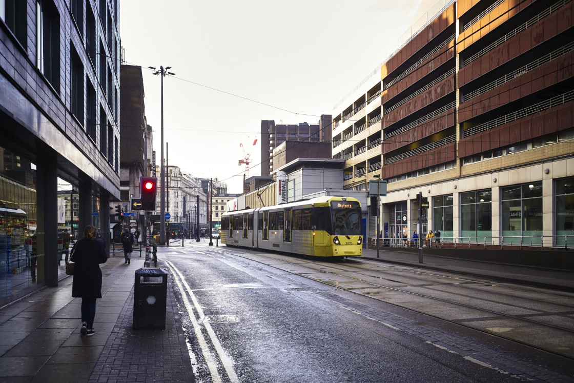 "Leaving the inner city by silent tram" stock image