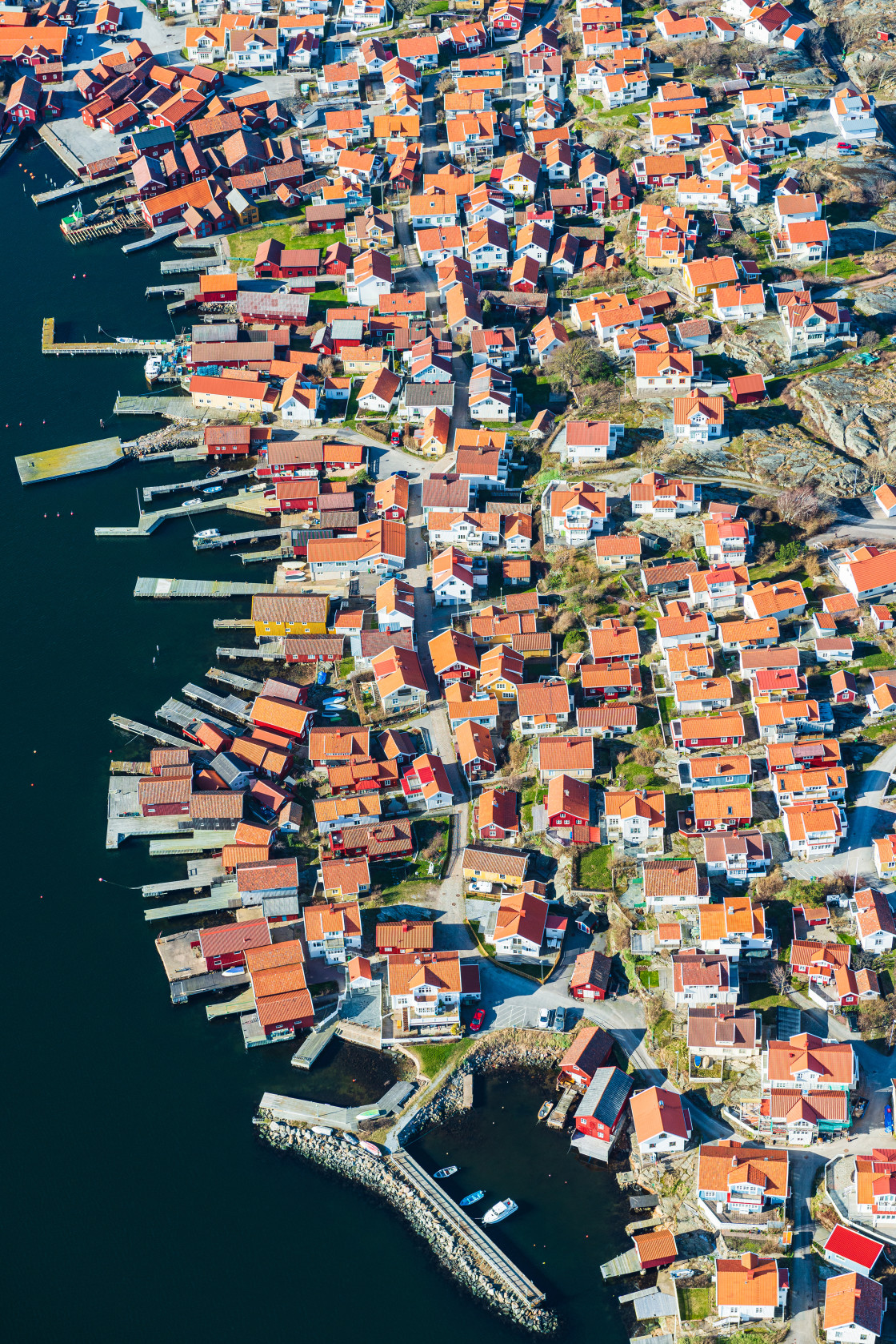 "Aerial view of houses in swedish coastal village" stock image