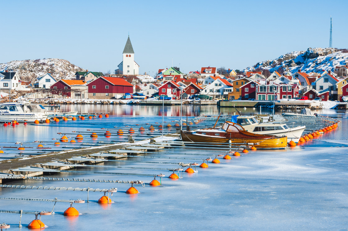 "Boat and buoys in harbour, Skärhamn, Bohuslän, Sweden" stock image