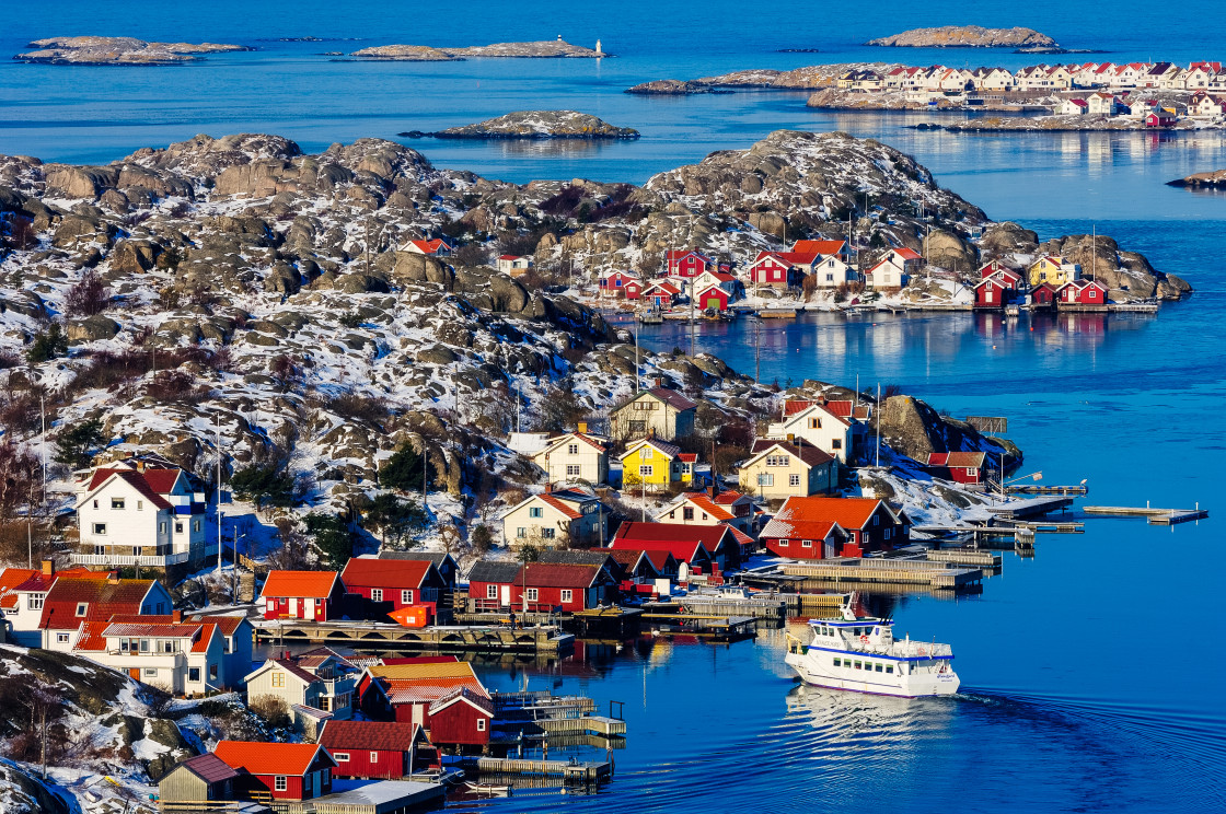 "Passenger ferry approaching island of Tjörnekalv, Bohuslän, Sweden" stock image