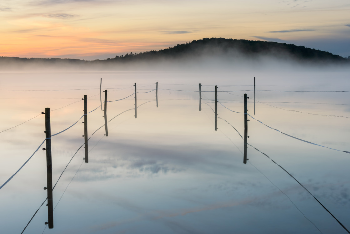 "Fenced paddock on a foggy lake. Sweden." stock image