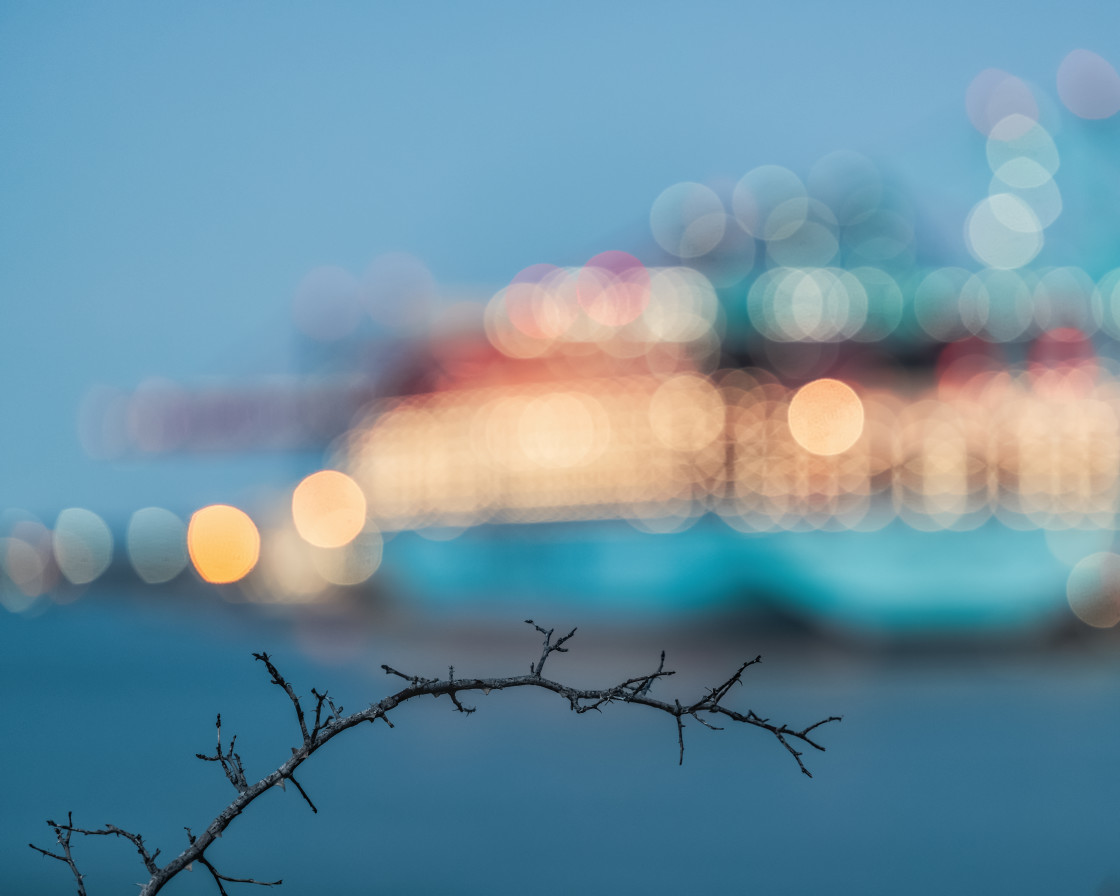 "Twig in front of blurred ship" stock image