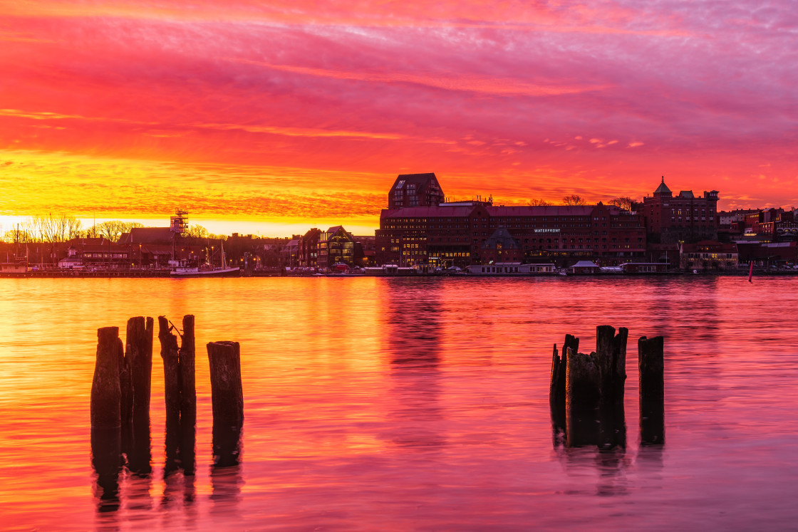 "Pastel colours of sunset reflecting Gothenburg city and river, Sweden, Europe" stock image