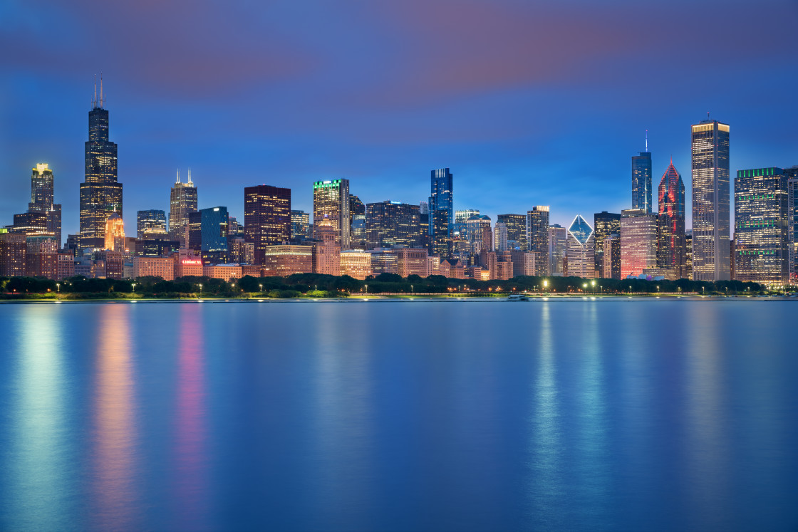 "Chicago downtown skyline at the blue hour, Illinois, United States" stock image