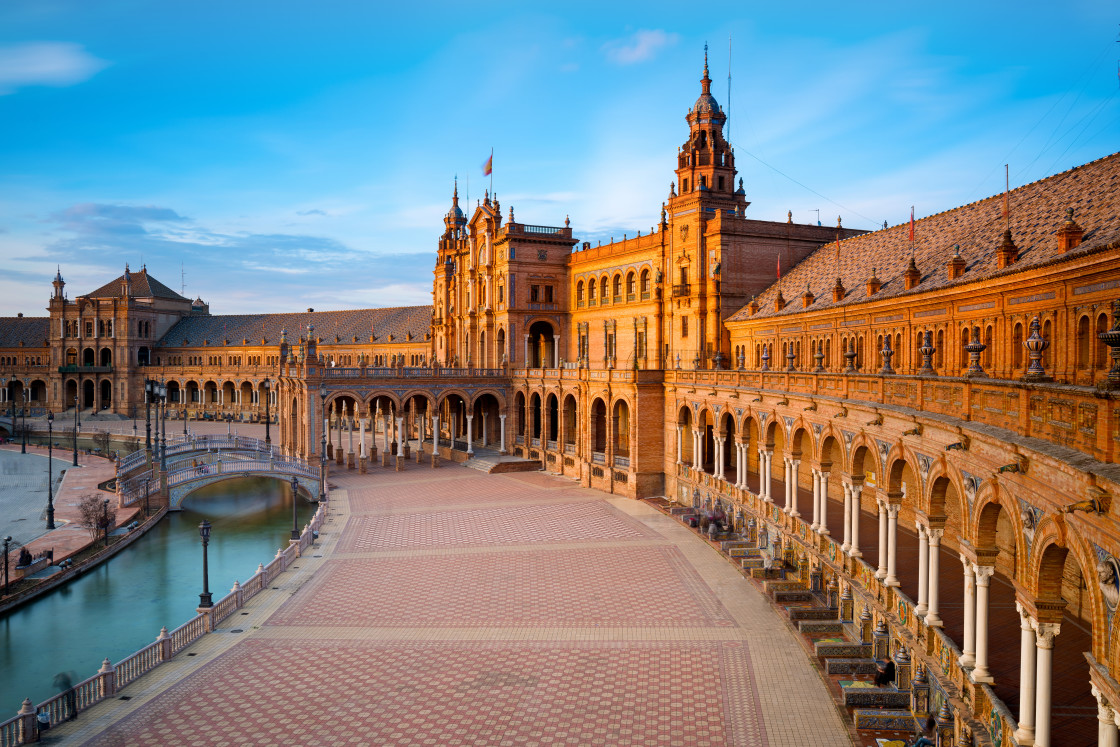 "Spain Square in Maria Luisa Park at Sunset, Seville, Andalusia, Spain" stock image