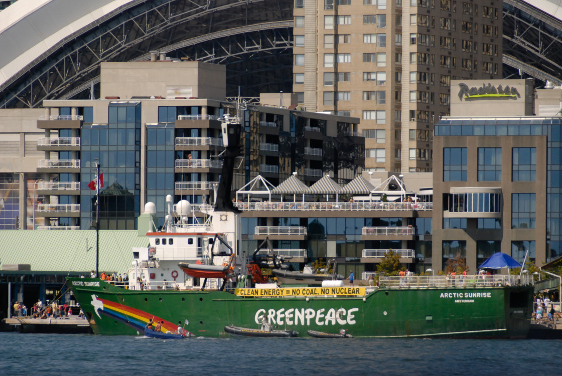 "Greenpeace ship – The Rainbow Warrior docked at Toronto," stock image