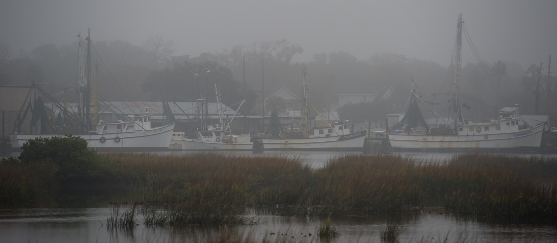 "Shrimp boats docked in the fog" stock image