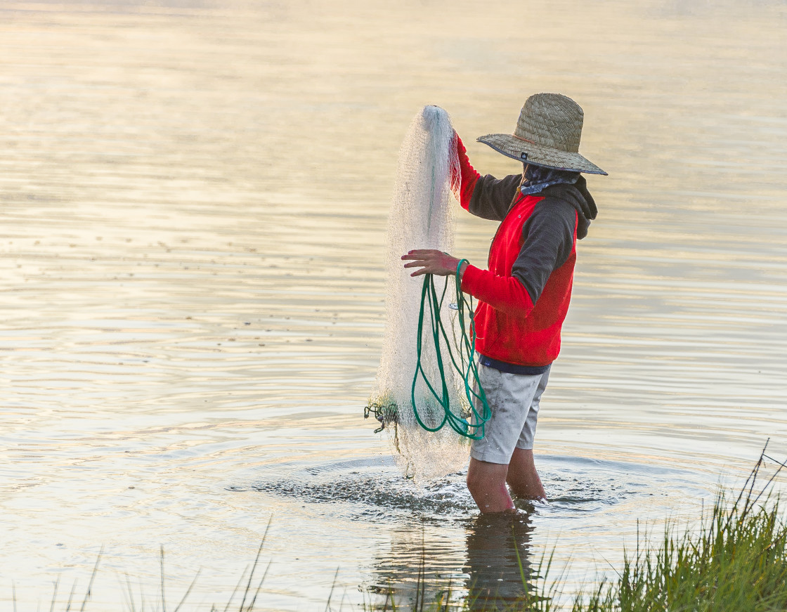 "Fisherman catching bait along the shore" stock image