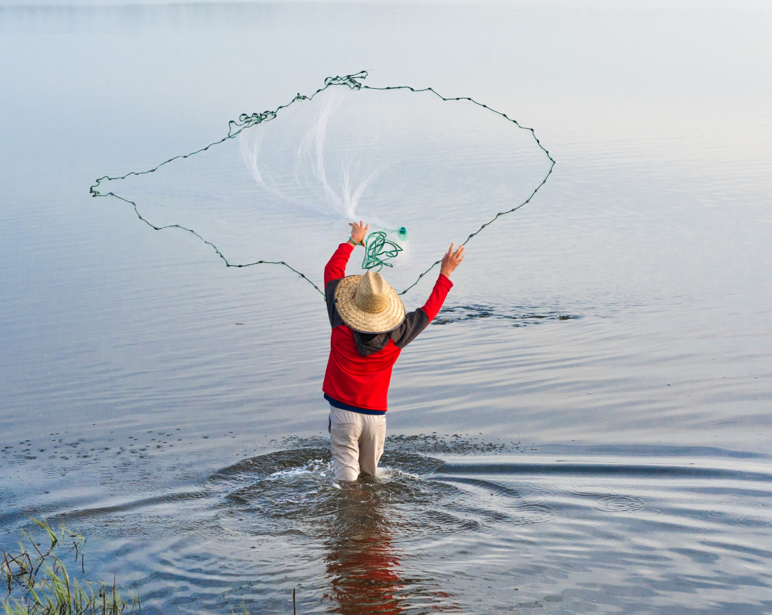 "Fisherman catching bait along the shore" stock image