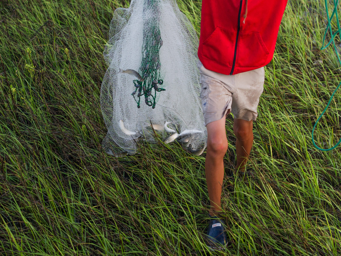 "Fisherman catching bait along the shore" stock image