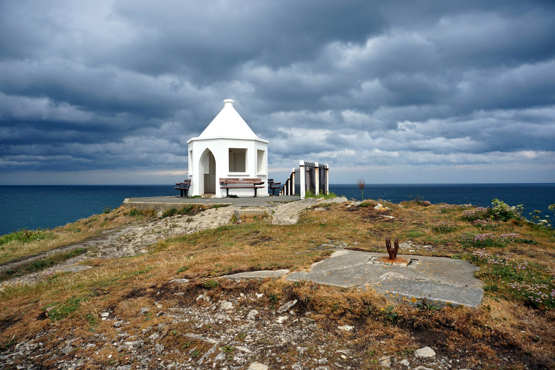 "Storm clouds over Towan Headland." stock image