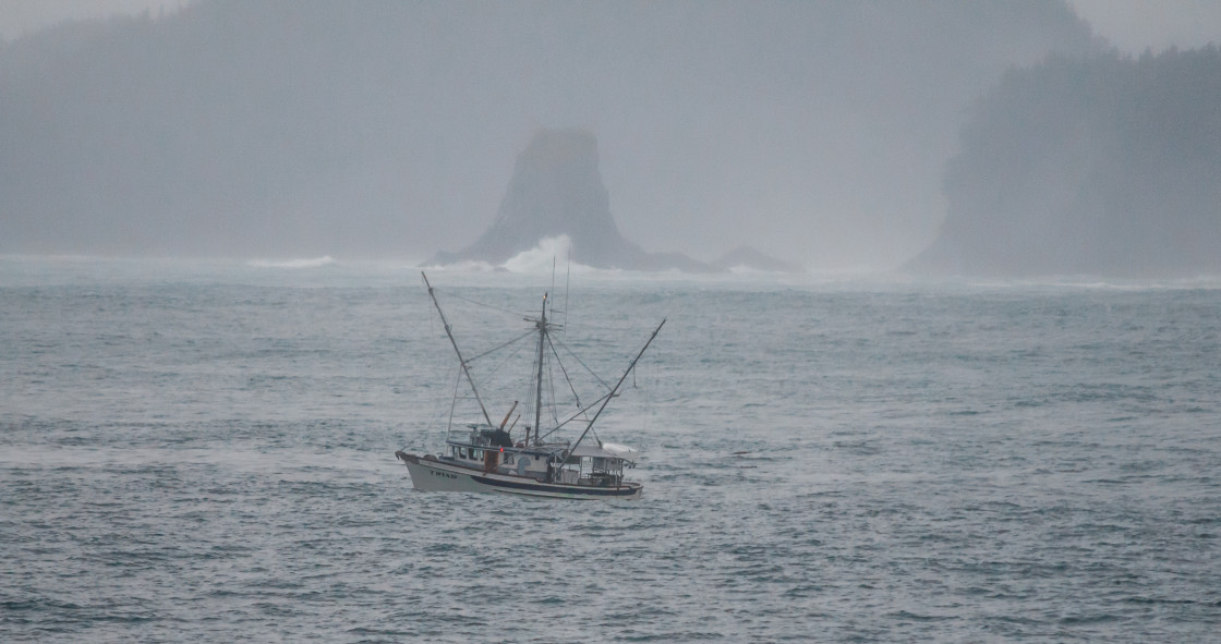 "Alaska fishing boat in the fog" stock image