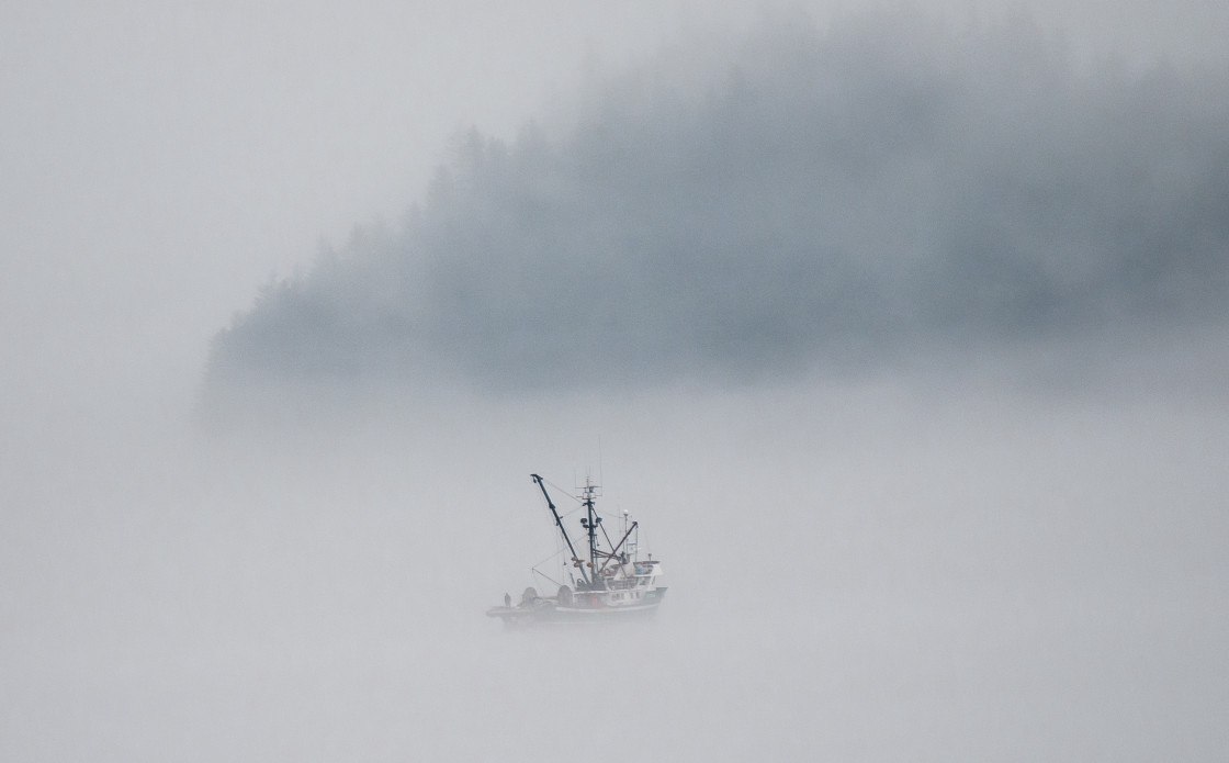 "Alaska fishing boat in the fog" stock image