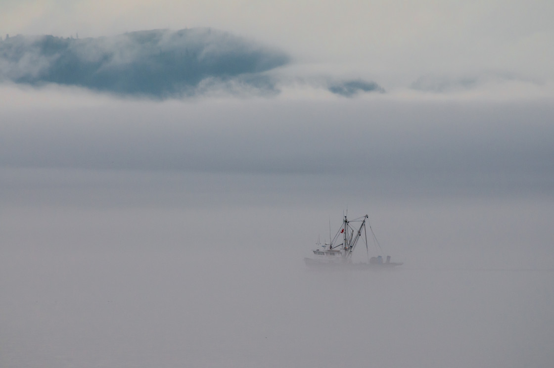 "Alaska fishing boat in the fog" stock image