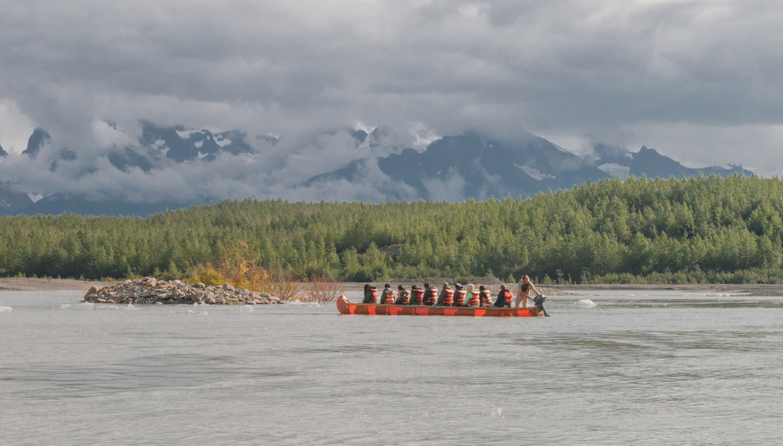 "Alaska tour boat by a glacier" stock image