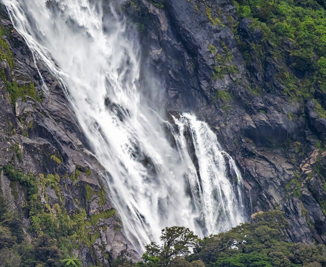 "Milford Sound - waterfall up close." stock image