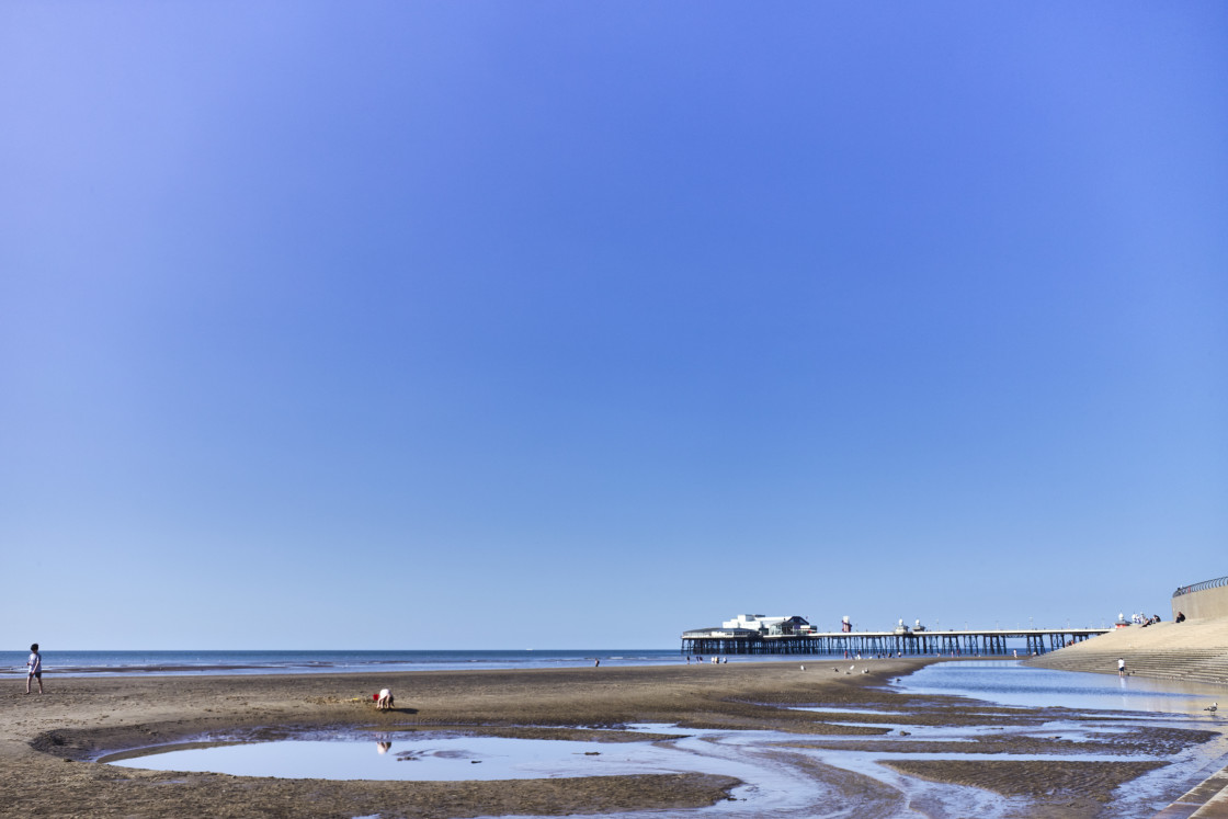 "Wide angle shot of Blackpool beach" stock image