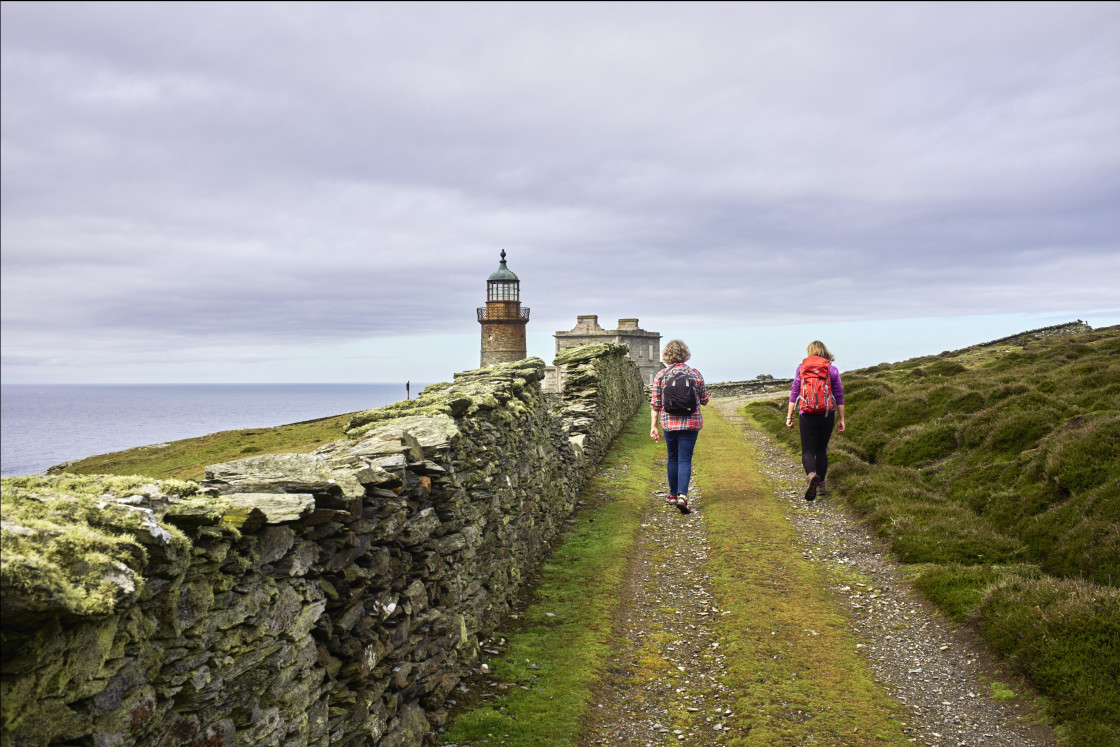 "Two women walkers on the Calf of Man" stock image