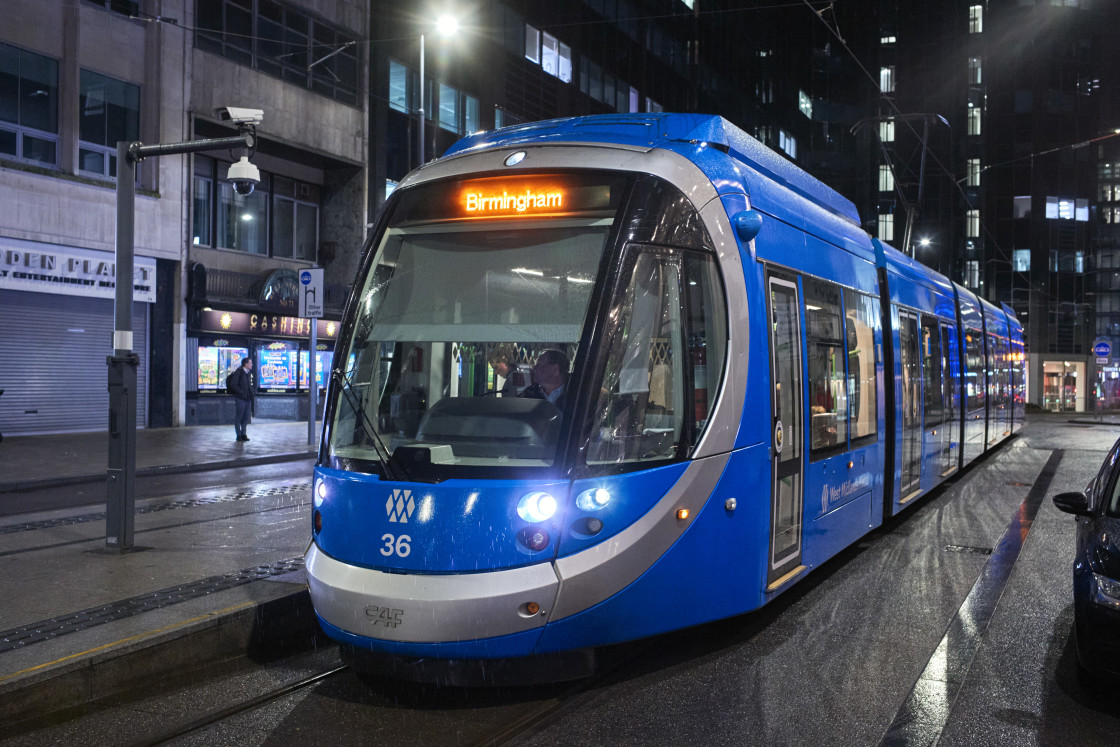 "A Birmingham city centre blue tram" stock image