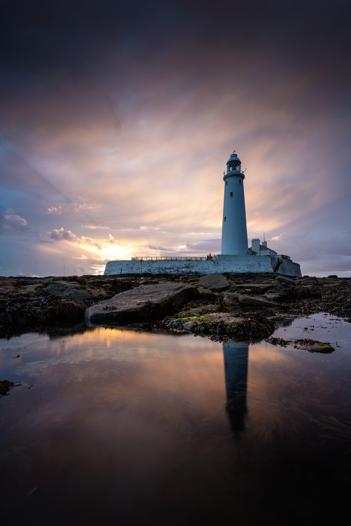 "St Mary's Lighthouse at Sunset." stock image