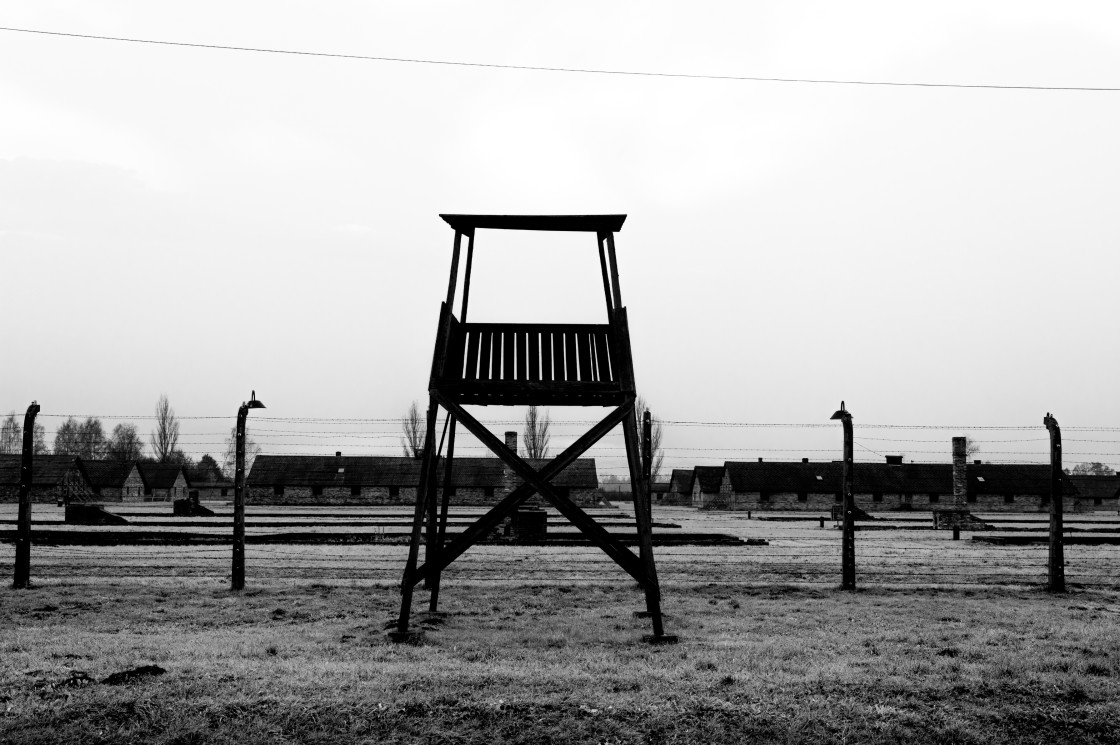 "Auschwitz - Birkenau (Auschwitz 2) Death Camp watchtower" stock image