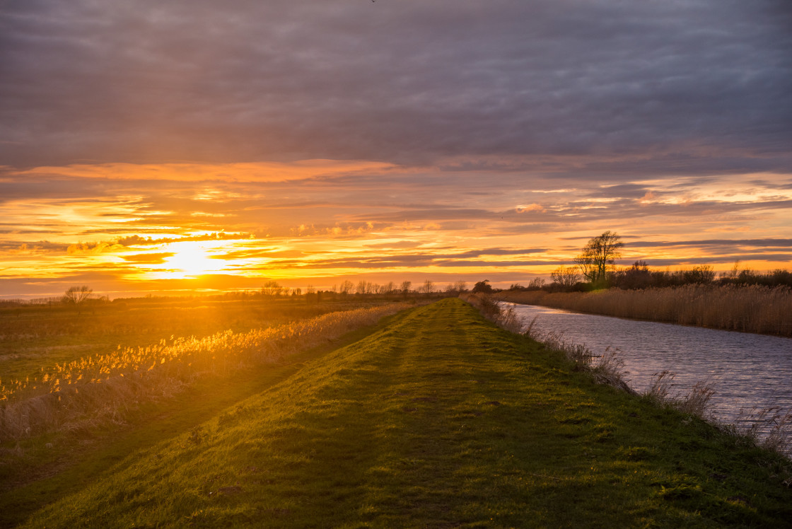 "Sunset, Burwell Fen, Cambridgeshire" stock image