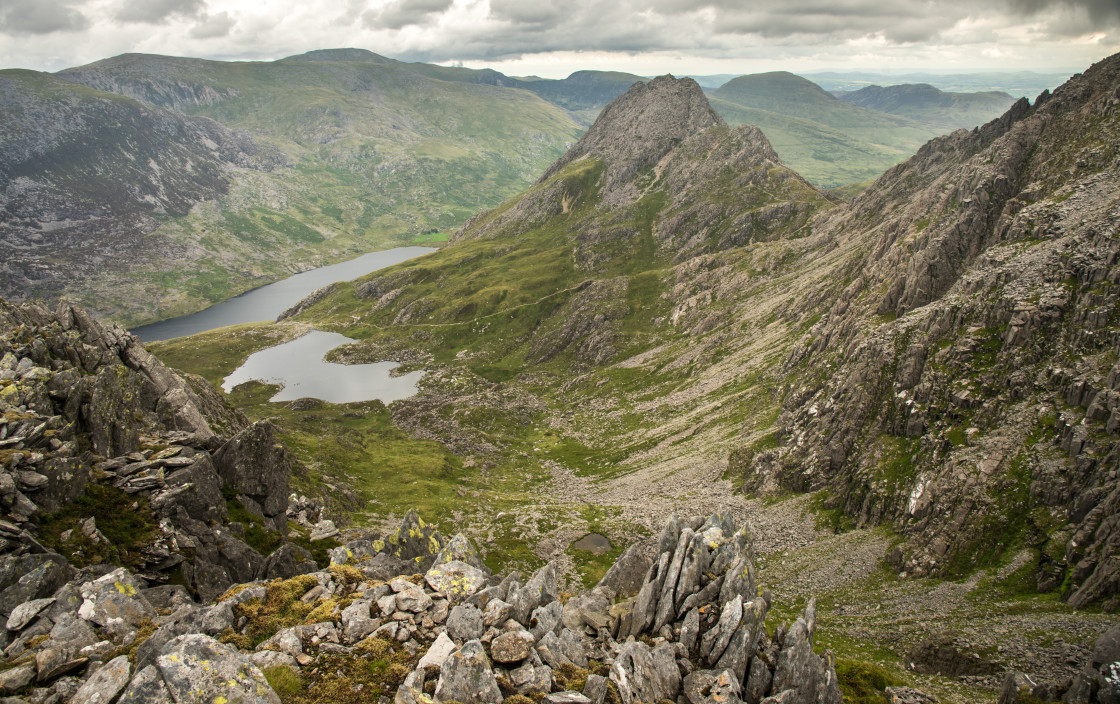 "Tryfan and Cwm Idwal from Glyder Fach, Snowdonia" stock image